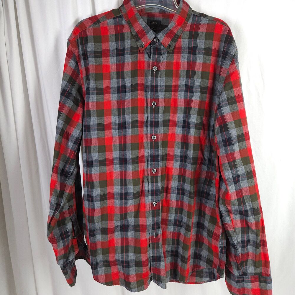 J.Crew‎ Red Gray Plaid Slim Fit Button Down Shirt Mens XL 100% Cotton
